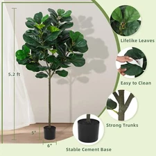  5.2 Ft Artificial Fiddle Leaf Fig Tree Tall Fake Plants Large Floor Plant Gift 