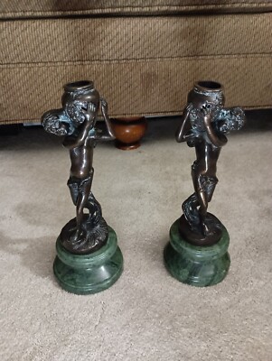 Vintage Bronze & Stone Cupid Cherubs Candleholders After Drouot Moreau