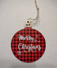 Merry Christmas Red Buffalo Plaid Wooden Flat Ornament With Snowflakes