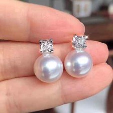 Gorgeous AAA Japanese Akoya Round 9-10mm White Pearl Earrings 925s