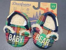 DearFoam Baby Bear Slippers Plaid Sherpa Memory Foam Cozy Comfort Infant 1-2 NEW