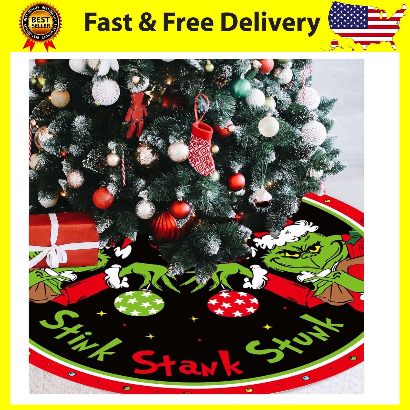 Grinchs Christmas Tree Decorations, 48 Inch Christmas Tree Skirt, Soft & Funny C