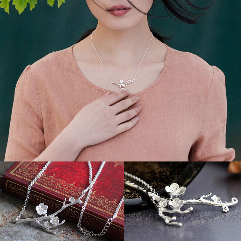 Silver Sakura Cherry Blossom Pendant Necklace Branch Chain Flower Gift Box S5