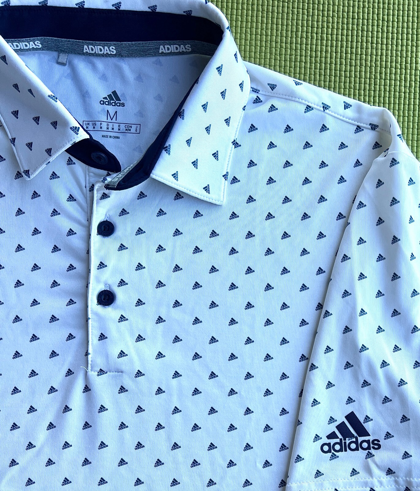 Adidas Polo Shirt Adult Size M White Blue Trefoil Print Logo Golfing Casual Mens thumbnail 5