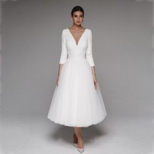 WhiteTulle Wedding Dresses A-Line Deep V-Neck LongSleeves Tea-Length Bride Gowns