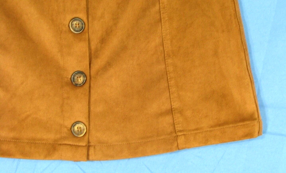 MINIFALDA TAKARA Anthropologie MARRÓN CARAMELO Imitación Gamuza BOTÓN-FRENTE LÍNEA A 7 Foto 3 de 4