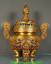 16" Xuande Purple Bronze Gold Dragon Beast 3-Bein Räucherstäbchen Zenser