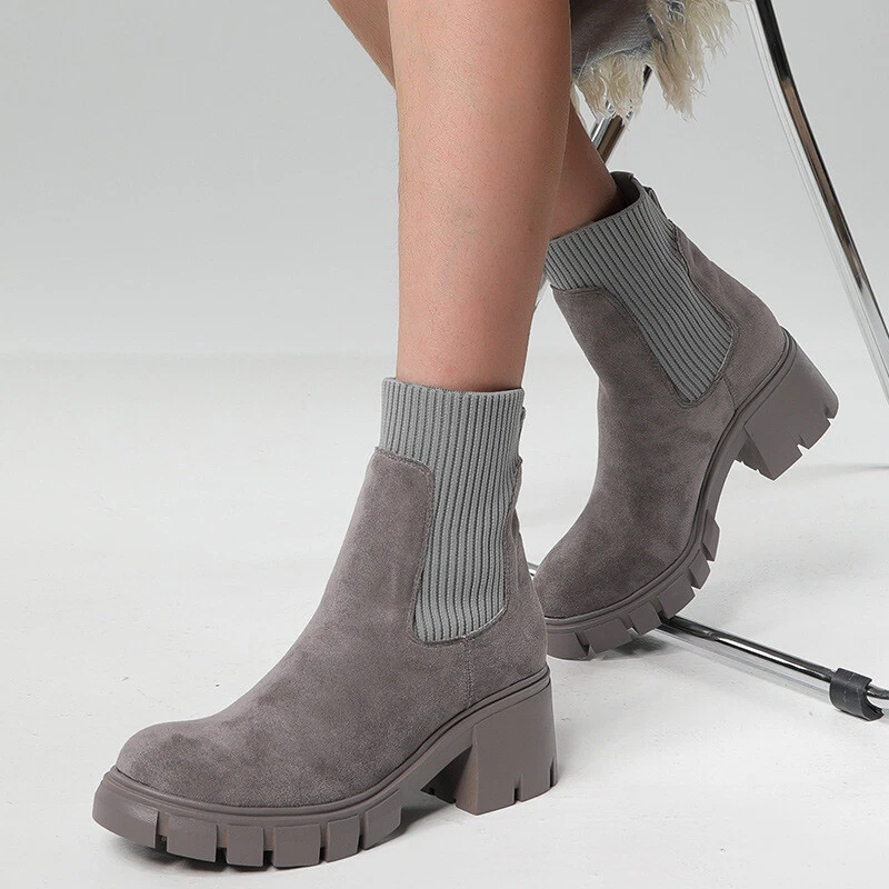 Women Casual Round Toe Chunky Heels Socks Ankle Boots Punk Platform Motor Shoes