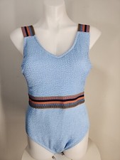 NWT Cupshe Womens One Piece Swimsuit Size L Textured M Blue W/ Multicolor Band