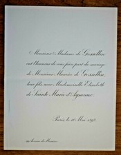 MAURICE DE GOSSELLIN Elisabeth de Sainte Marie d Agneaux FAIRE PART MARIAGE 1893