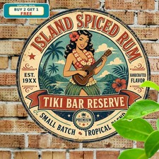Spiced Rum Tropical Tiki Bar Round Tin Sign 8x8 Beach Pub Wall Decor
