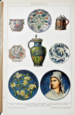 1897 CROMOLITOGRAFIA ANTICA ILLUSTRAZIONE CERAMICHE FAYENCE VASI PIATTI.Brockaus