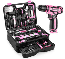Juego de herramientas rosa con taladro 12V y caja organizadora para hogar y coch