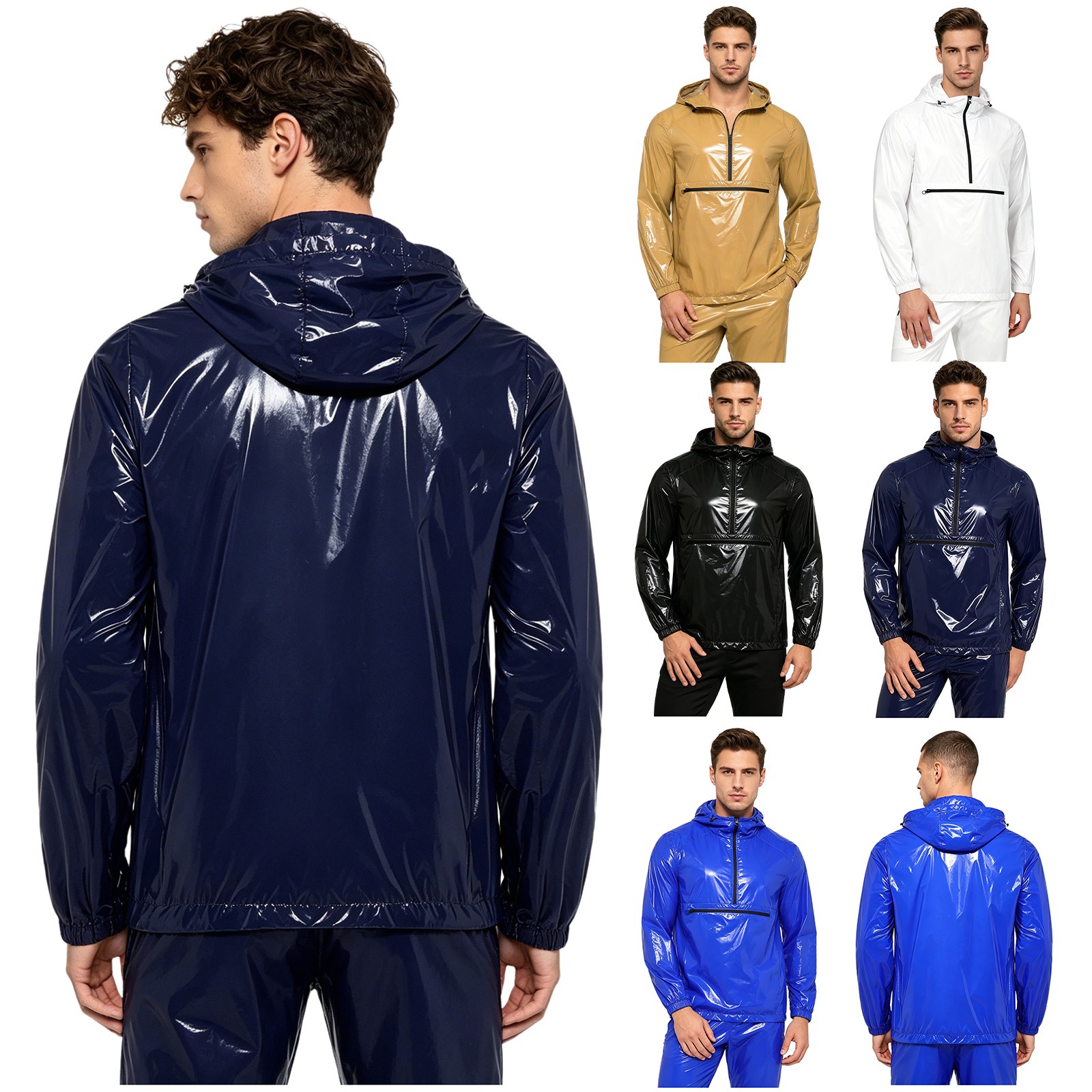 Men Raincoat Glossy Waterproof Jacket Zipper Hooded Long Sleeve Anorak Workout-image