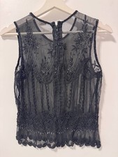 Vintage Black 100 Silk Hand Beaded Sheer Top Women  s Size S Art Deco Style Made