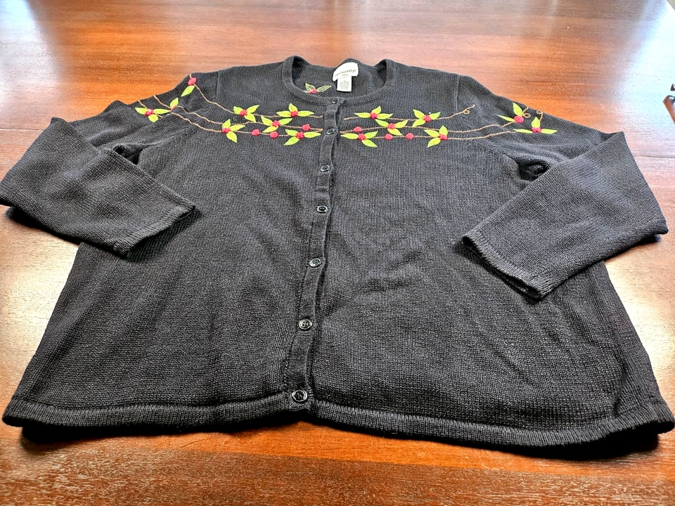 Vintage Embroidered Holly Berry Christmas Button Down Black Cardigan 3 XL - Image 3 of 4