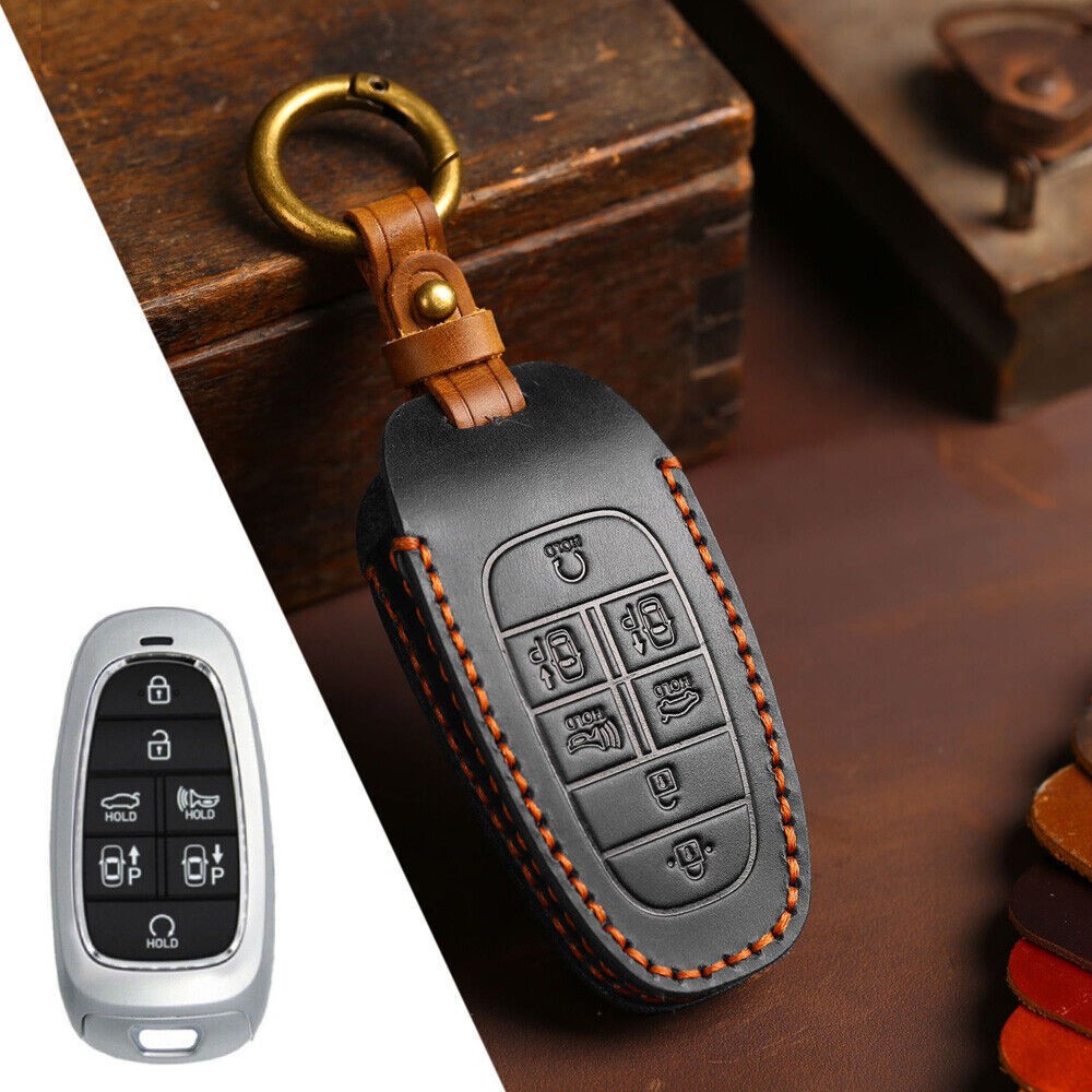 Real Leather Car Key Fob Case Cover Keychain For Hyundai Tucson Santa Fe Cruz