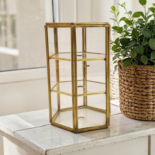 VTG Brass & Glass Small Hexagon Display Curio Cabinet 3 Shelf for Marbles 5.75"