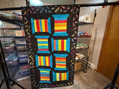 Quilted Spools Table Runner with Dragonflies made with Batik Fabrics