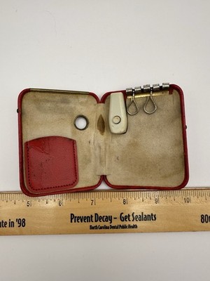 Vintage Red Leather Key Case with Metal Key Hooks and Button Accent for Men