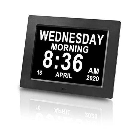 2021 Digital Day Clock with 8 Alarms Auto-Dim 8 Inch Black Display