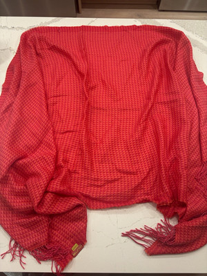 KUNA Red Geometric Woven Baby Alpaca Silk Fringe Shawl/Wrap for Women 76 by 32