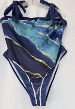 NWOT.One piece swimsuit,cover up sarong skirt.Ocean print,strap tie,high cut.XL