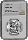 1959 D 50C BU Silver Franklin Half Dollar NGC Graded MS 64 FBL White Coin