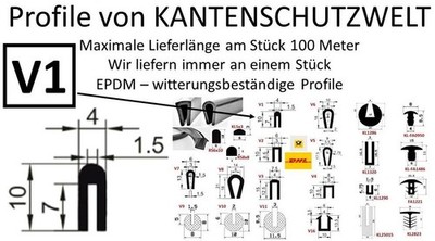 V1 Fassungsprofil U-Profil Kantenschutz EPDM Gummi Dichtung Keder Profil Band