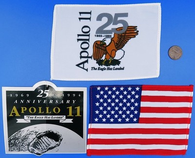 NASA FLAG PAIR & STICKER vtg Apollo 11 / 25th Anniversary Lunar EAGLE Has LANDED