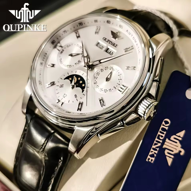 OUPINKE Mens Watches Comfortable Leather Strap Automatic Mechanical Watch