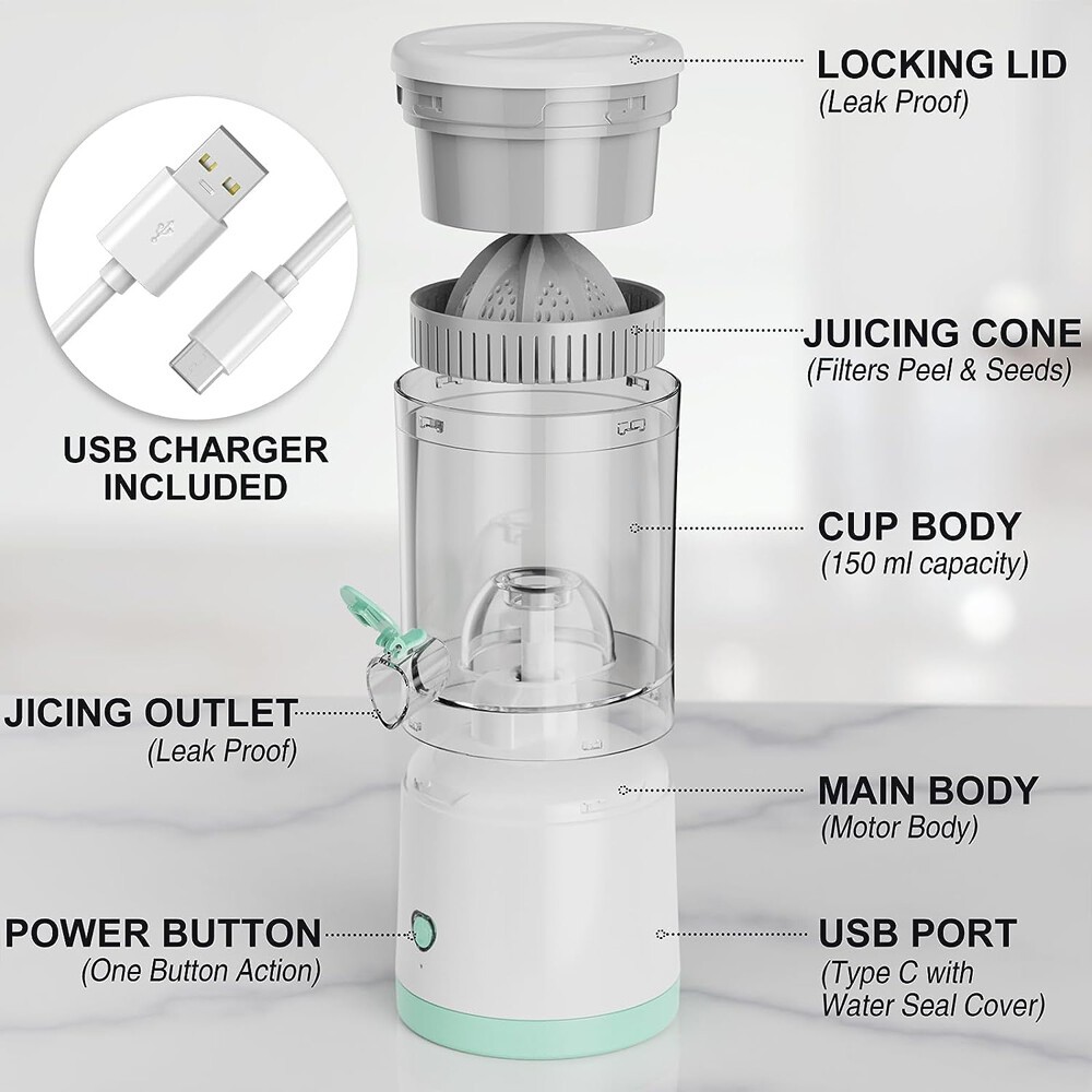 Electric Citrus Juicer Rechargeable Hands-Free Masticating Orange Lemon Squeezer
