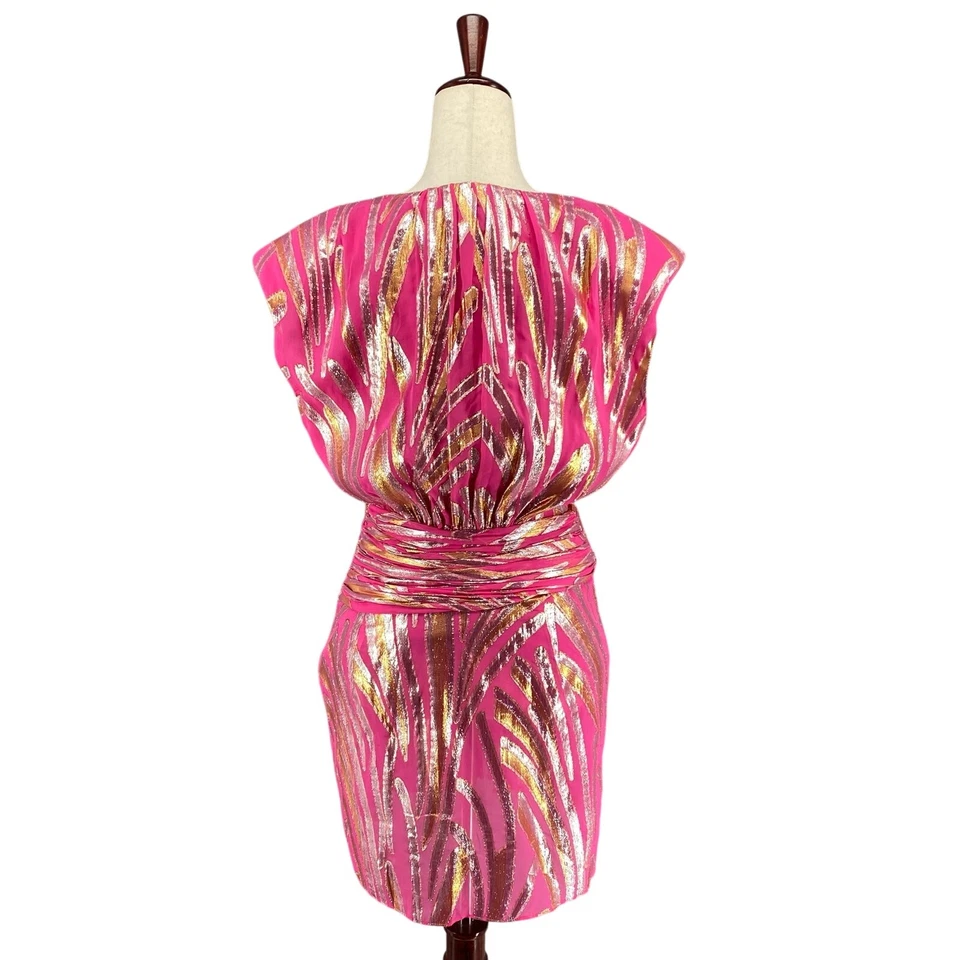 Ramy Brook Reina Mini Party Dress Womens M? Pink Metallic Silk Blend Deep V Neck - Image 3 of 4