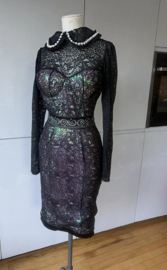 Y2K 10/14 CATWALK COLLECTION DRESS BLACK LACE ON PINK/BLUE STRETCH SEQUIN PEARLS