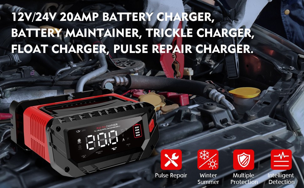 20A Battery Charger Fully Automatic Battery Maintainer 12V/24V LiFePO4 Lead Acid