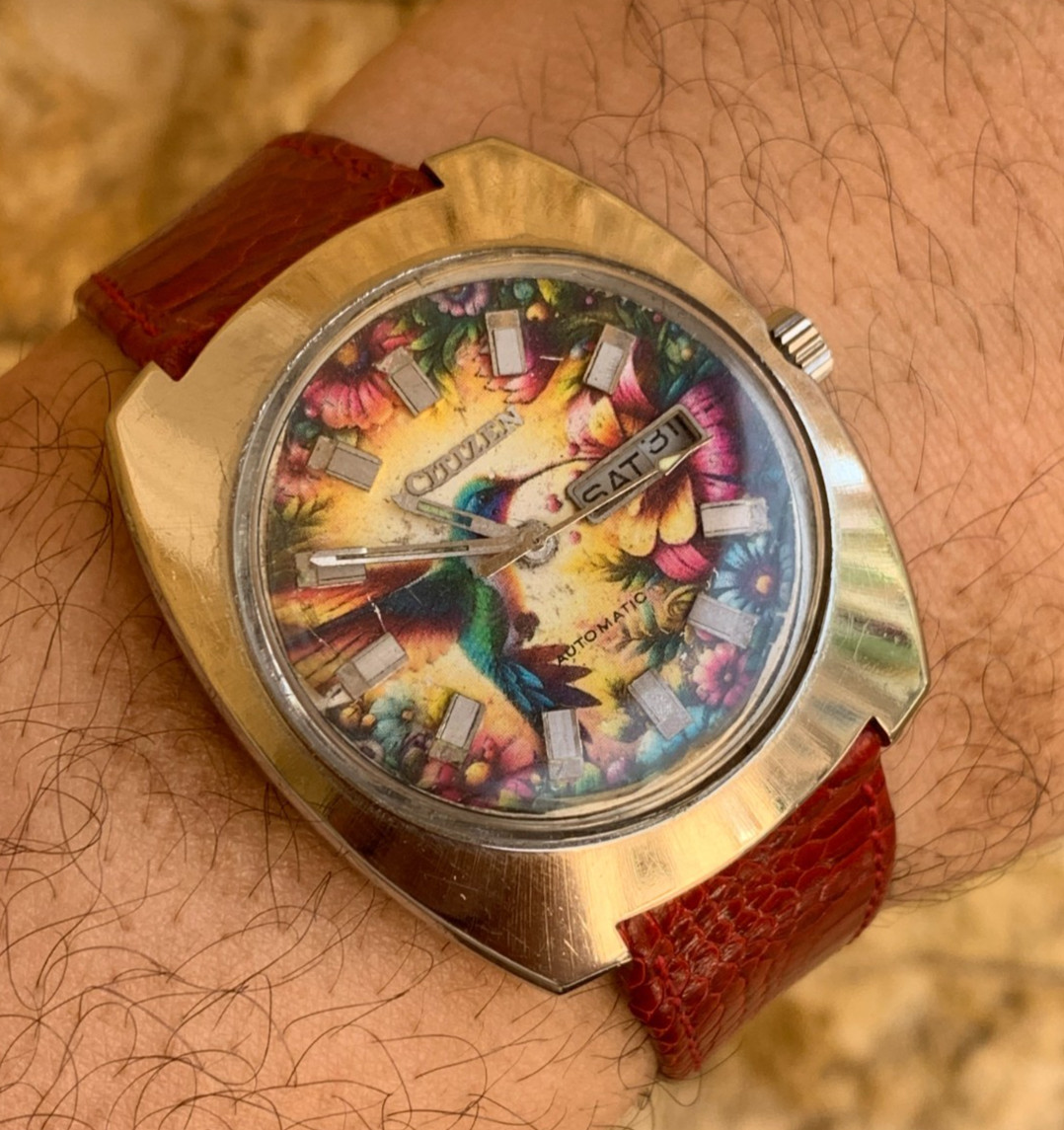 RARE Vintage Citizen Automatic Watch Hummingbird Floral Art Dial 38mm 1970s image 2