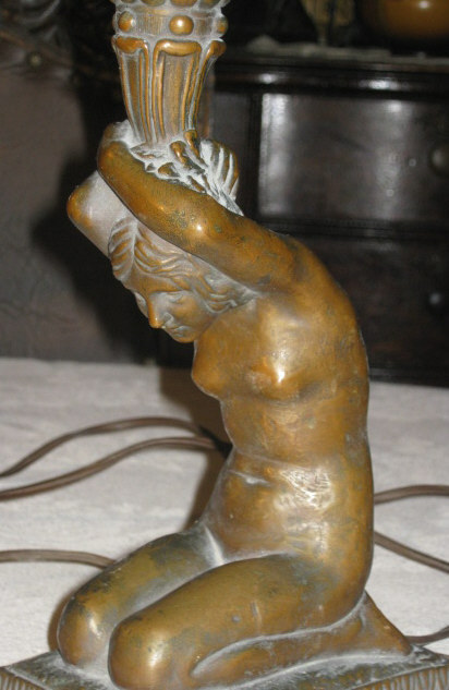 ANTIQUE KBW BRONZE CLAD ART DECO NUDE LADY BUST TORCH STATUE SCONCE SHADE LAMP