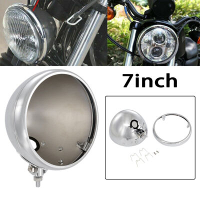 Chrome 7 inch Motorcycle Headlight Housing Shell Bulb Bucket For