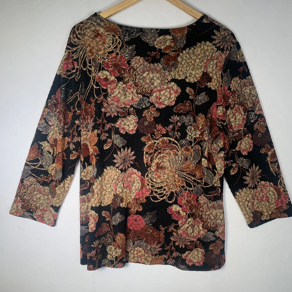 Blusa Top Otoño Colores Mirasol Mujer XL Floral Embellecida Manga 3/4 Foto 2 de 4