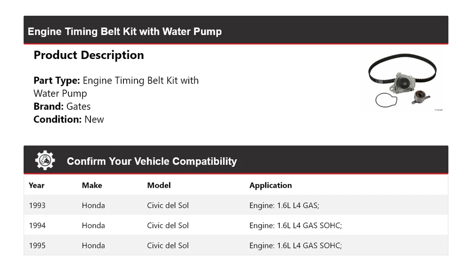 Kit de correa de distribución del motor Honda Civic del Sol 1993-1995 con puertas de bomba de agua Foto 2 de 4