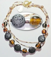 Striking 3-Strand Brown Foil Art Glass/Volcanic Lava Rock/Filigree Bead Necklace