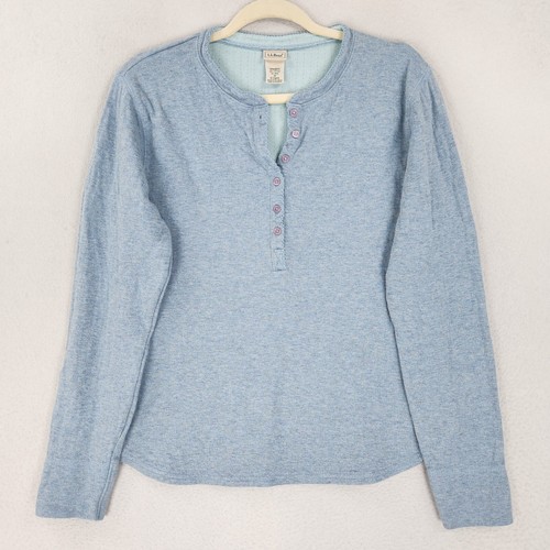 LL Bean Pullover Damen mittelblau Baumwolle Wollmischung Henley Pulli Freizeit