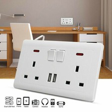 White Twin / Double Plug Electric Wall Socket Switched Square Edge 2 USB Charger