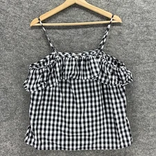 A New Day Top Women L Large Black White Check Cami Spaghetti Strap Ruffle Cotton