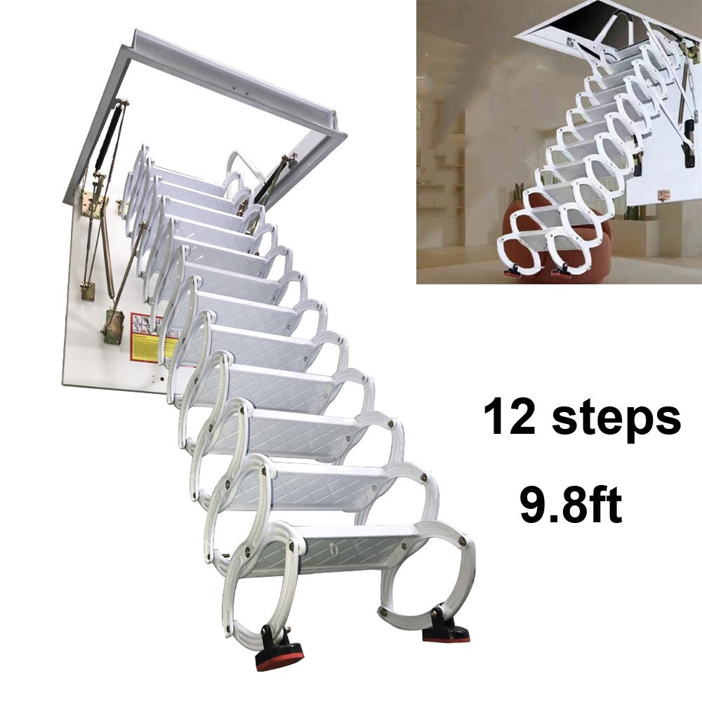 12 steps 9.8ft Folding Loft Ladder Stairs Attic Loft Hidden Telescopic Ladder-image