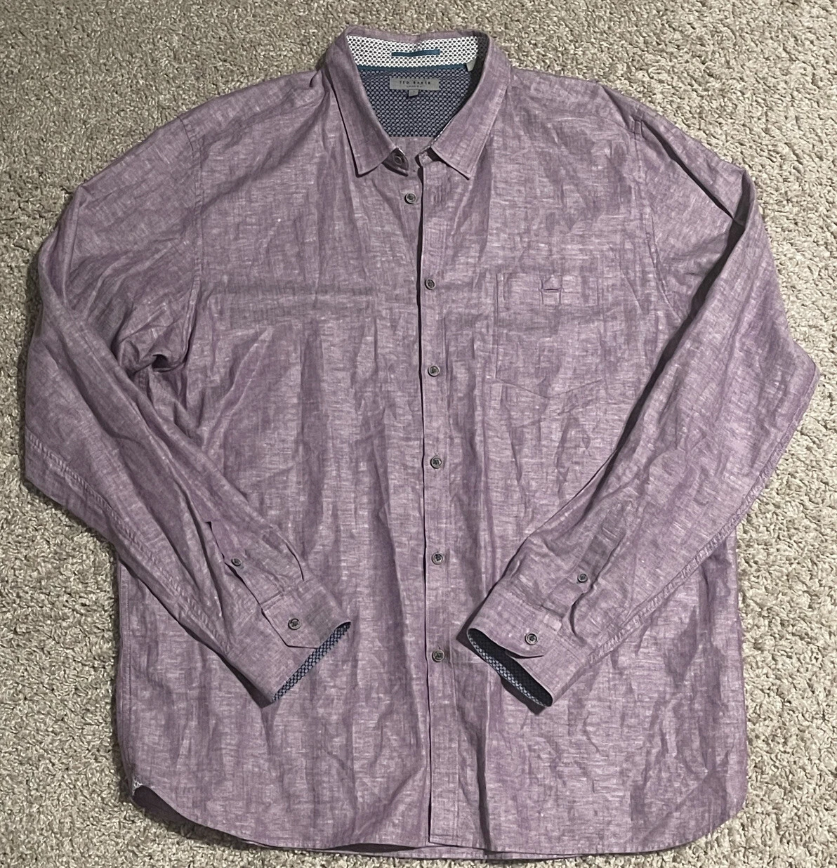 Mens Ted Baker London Purple Linen Blend Long Sleeve Button Up Shirt Sz 7