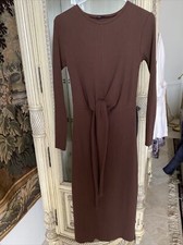 Zara brown ribbed midi long sleeve dress SZ M 96% Cotton Self  Tie Pristine