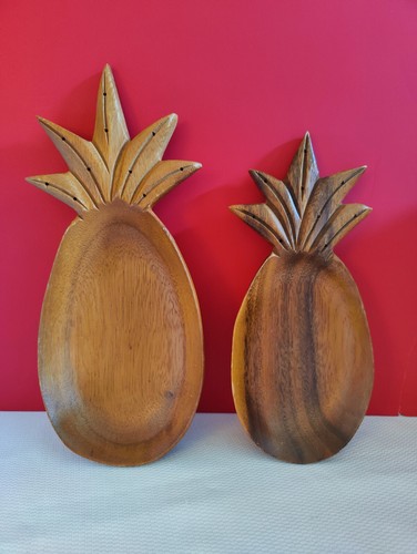 2 Vintage Hawaii Monkey-Pod Wood Pineapple Bowls By Blair's Carved In Siam