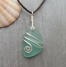 Hawaiian Jewelry Sea Glass Necklace, Wire Aquamarine Necklace Leather Cord