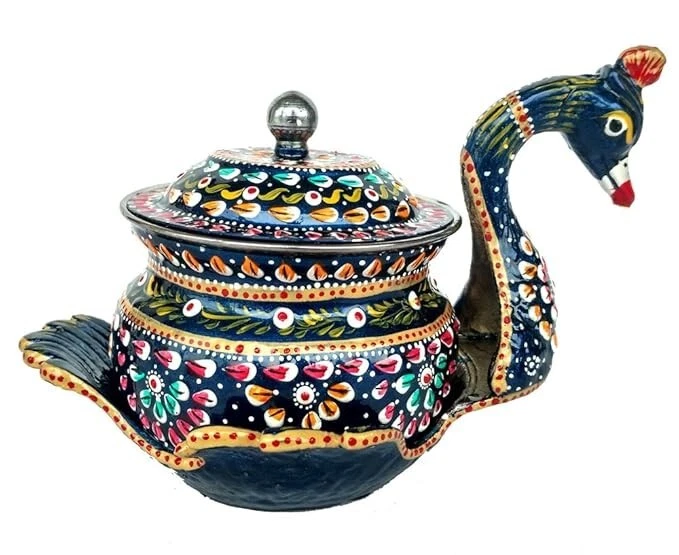 Indian Hand Painted Steel Bowl Container with Lid Spoon Kitchen Serving Dish Dec